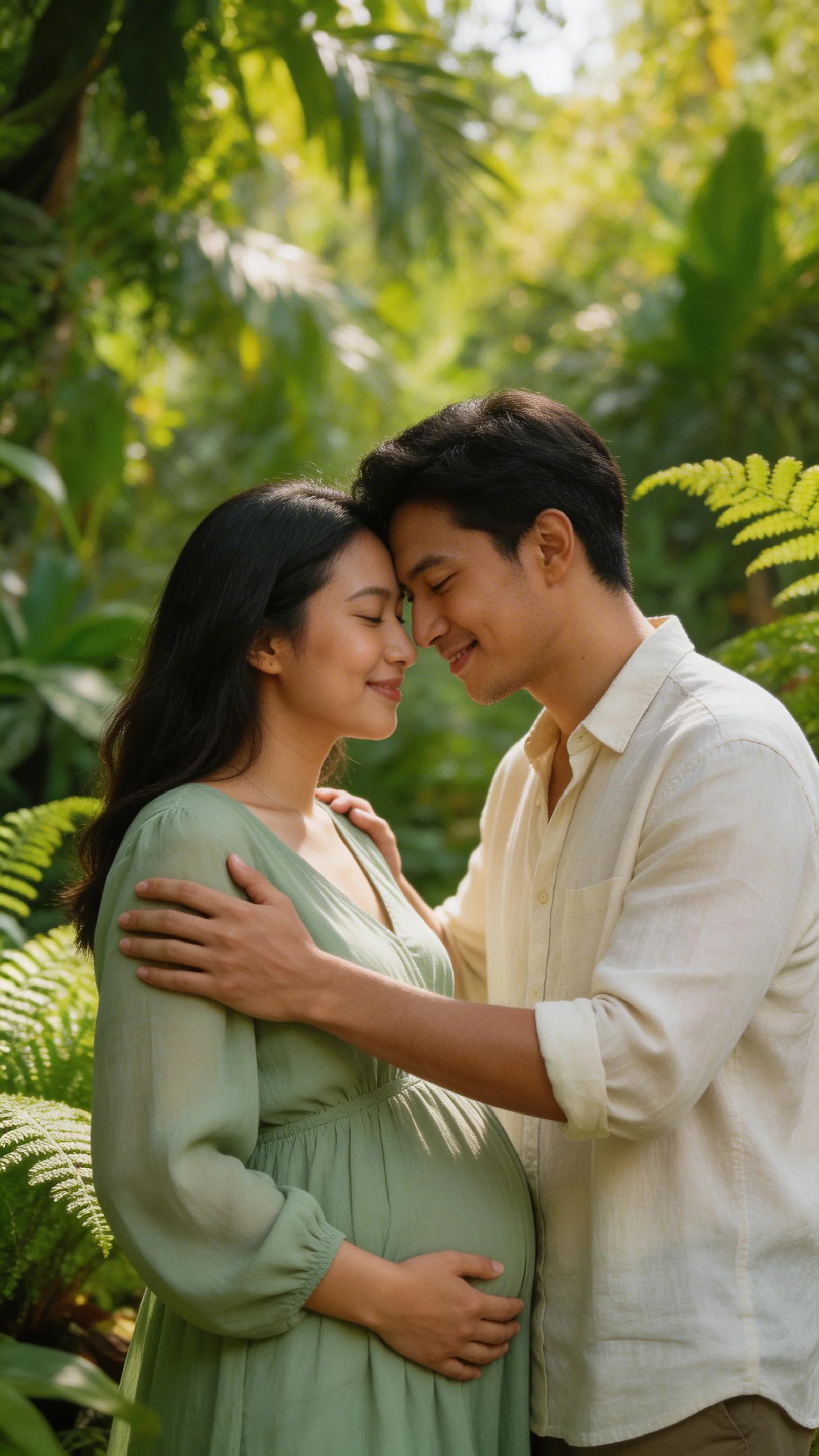 Southeast Asian couple in a botanical garden maternity portrait