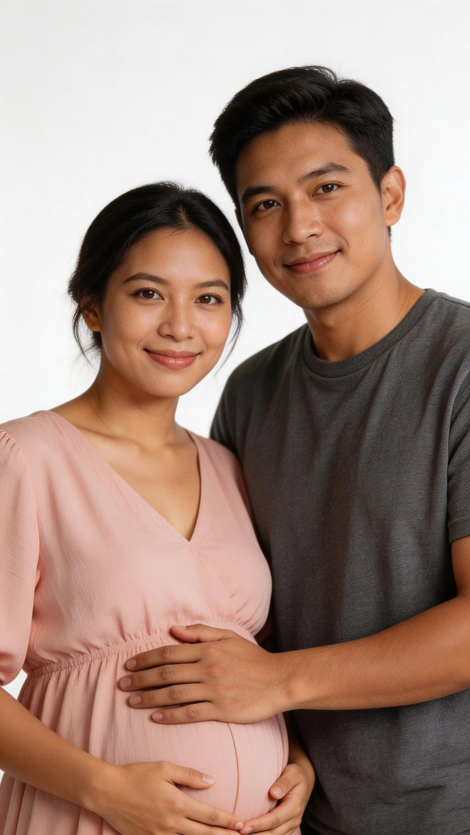 Southeast Asian couple studio maternity portrait on a white background