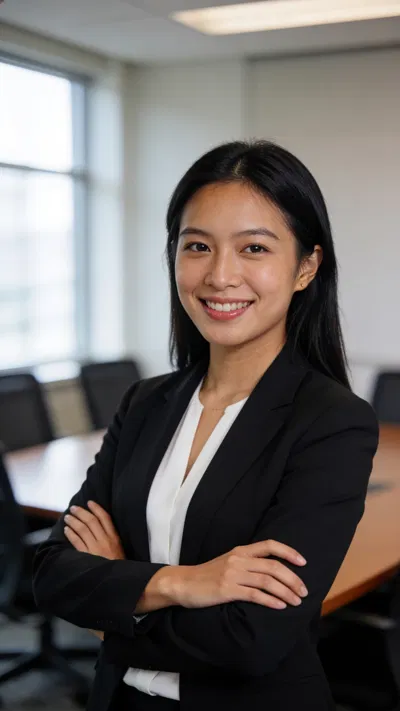 Southeast Asian female attorney half-body portrait in conference room with arms crossed