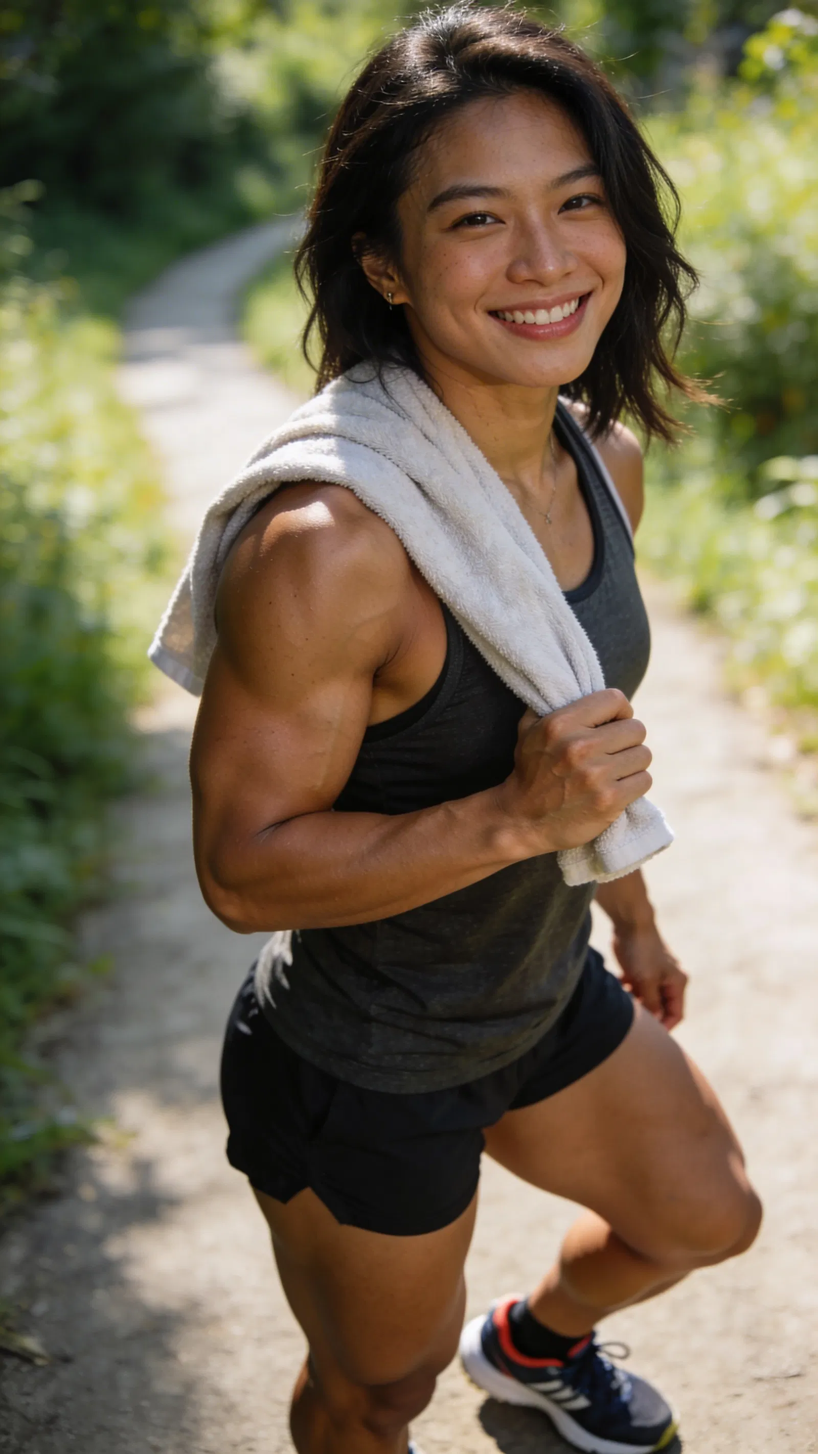 Southeast Asian female bodybuilder outdoor trail portrait after training