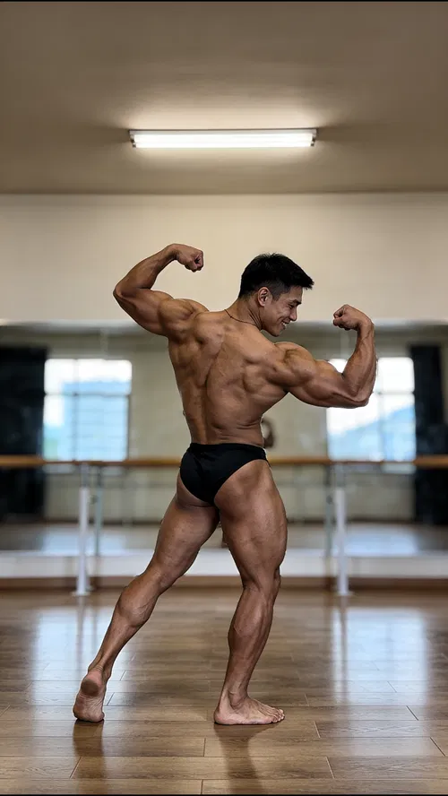 Southeast Asian male bodybuilder back double biceps pose in posing room lighting