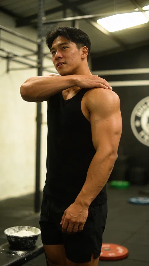 Southeast Asian male bodybuilder half-body gym portrait stretching shoulders with focused expression