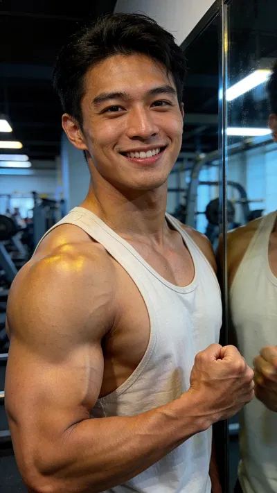 Southeast Asian male bodybuilder half-body gym portrait with confident smile and pump