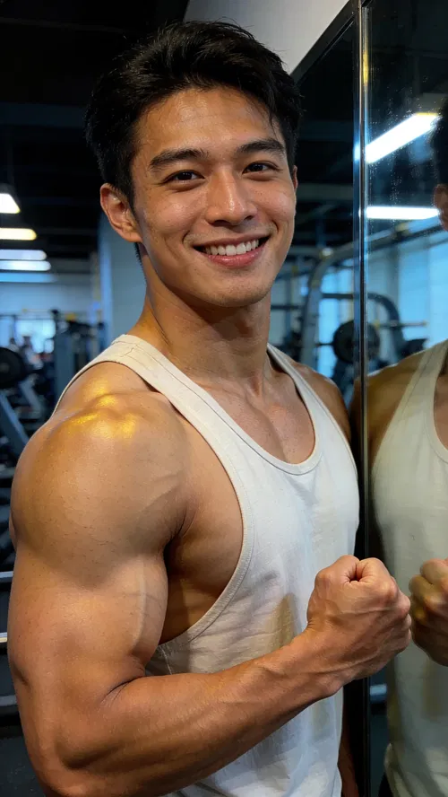 Southeast Asian male bodybuilder half-body gym portrait with confident smile and pump