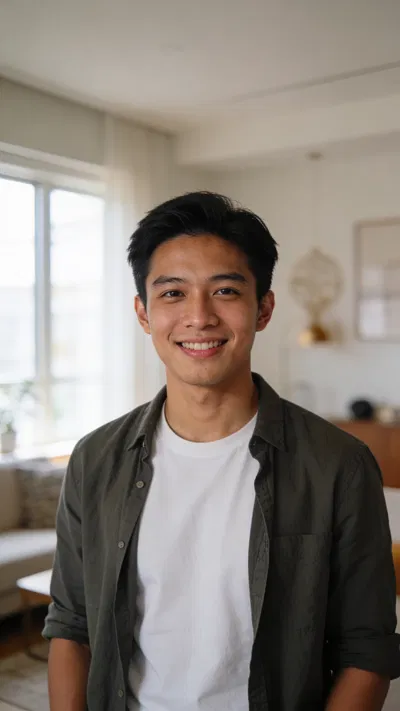 Southeast Asian man at home living room, friendly confident profile portrait