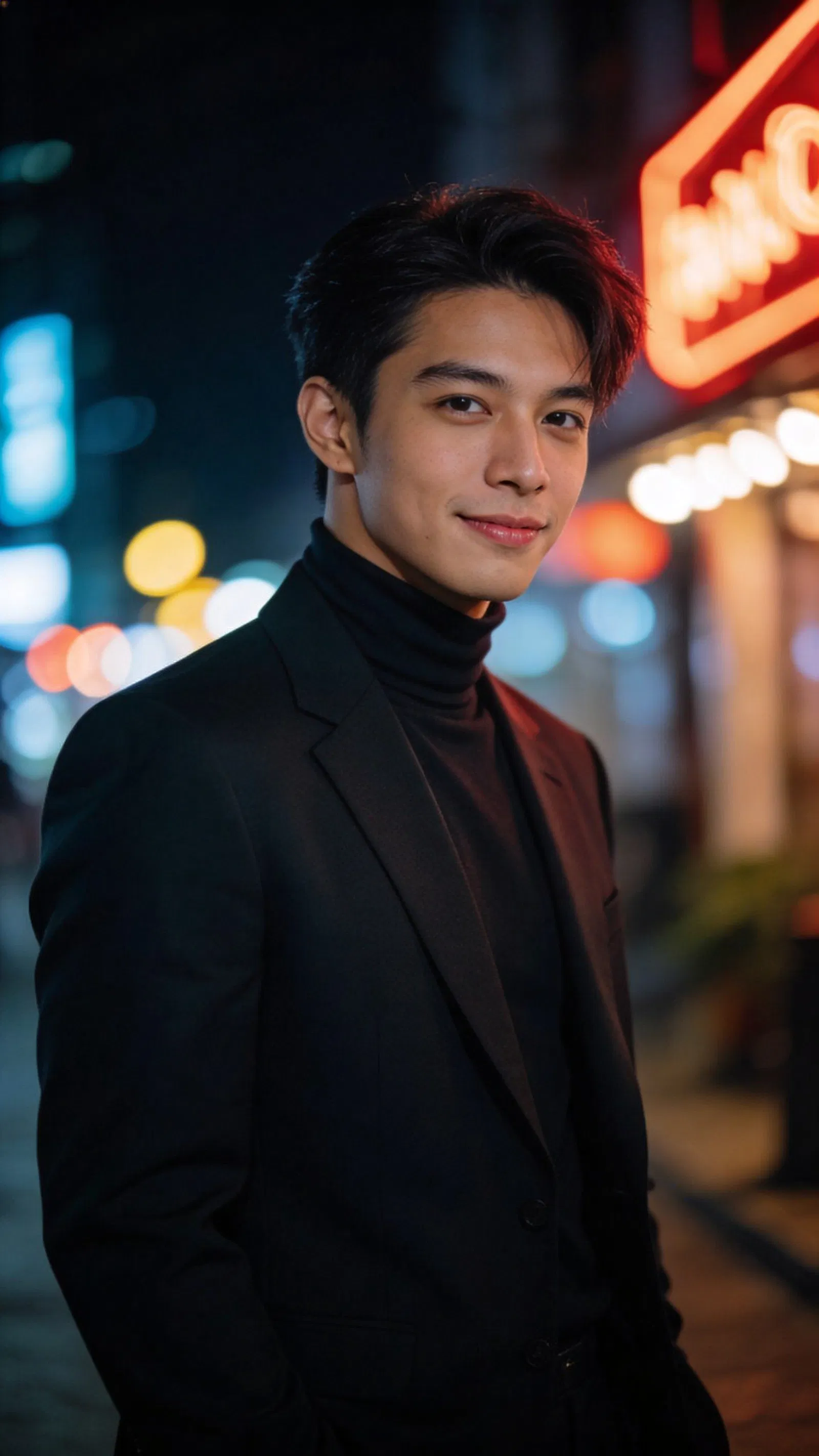 Southeast Asian man at night city bokeh with moody fashion-forward glamour portrait