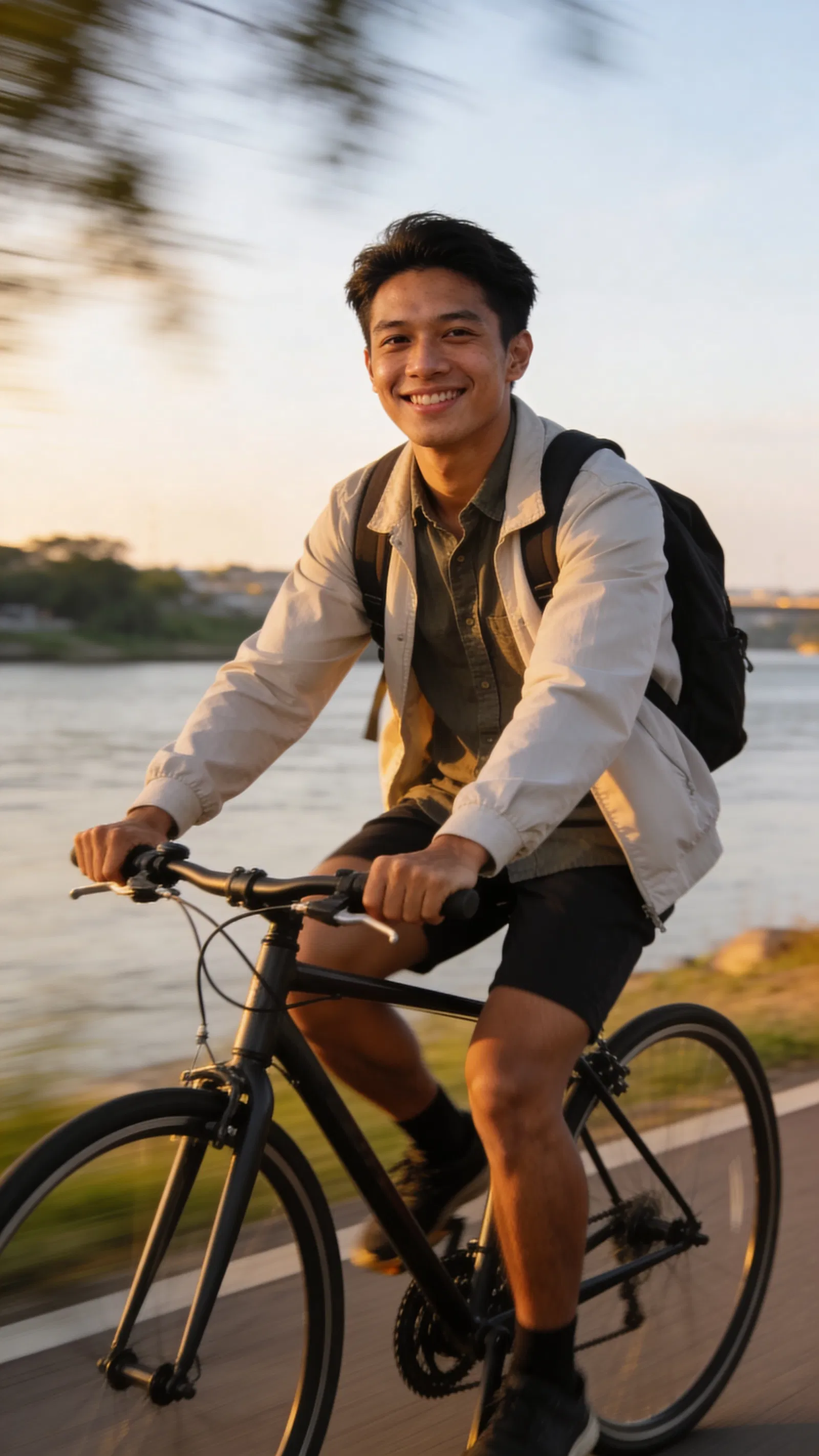 Southeast Asian man biking along riverside path, relaxed travel lifestyle image.