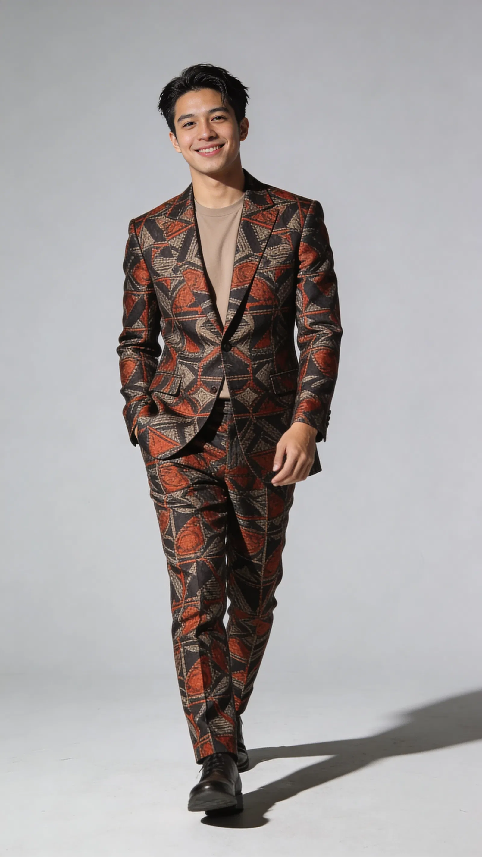 Southeast Asian man full-body studio editorial portrait in patterned suit