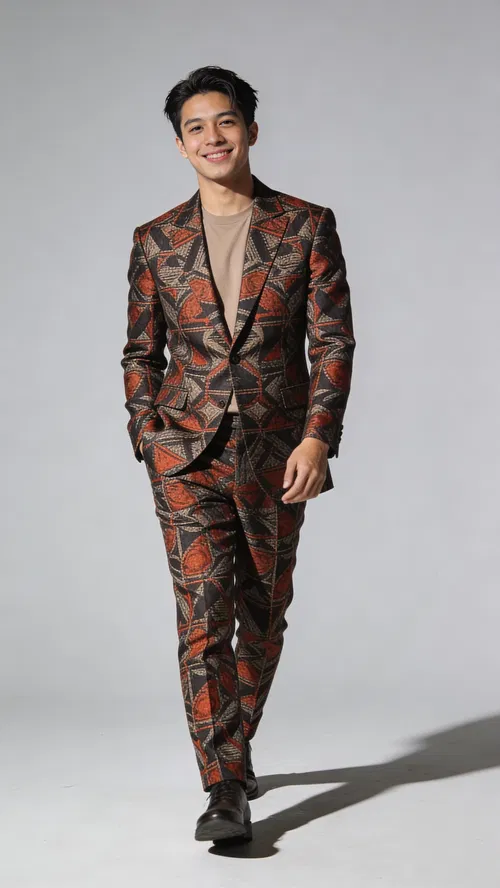 Southeast Asian man full-body studio editorial portrait in patterned suit