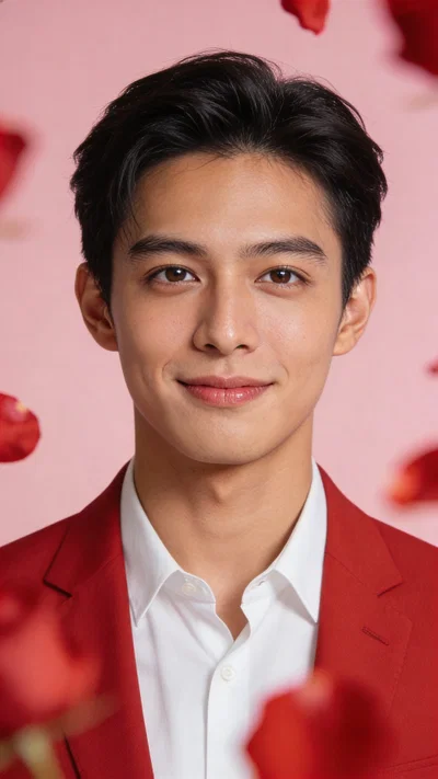 Southeast Asian man headshot in red blazer with soft rose petal bokeh.