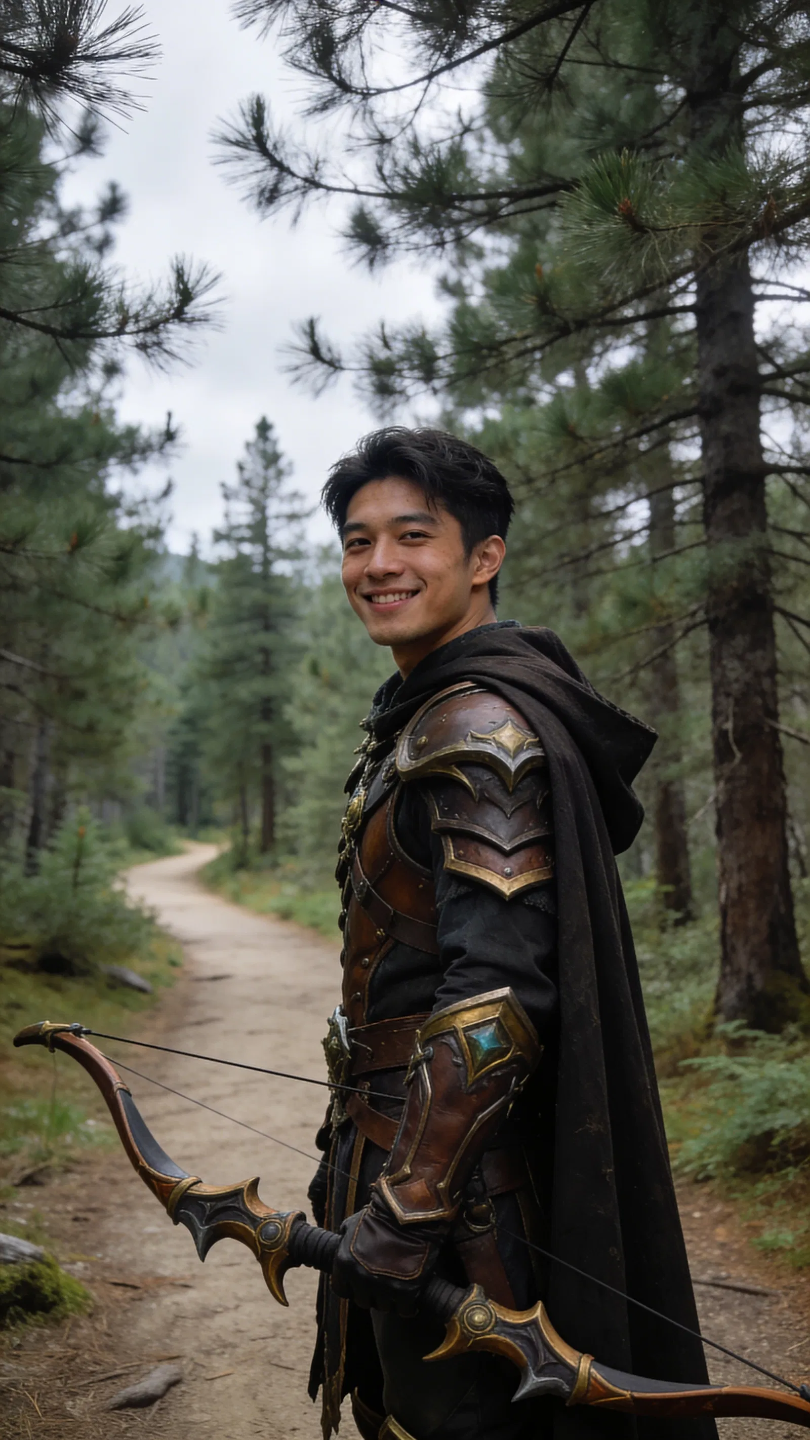 Southeast Asian man hunter cosplay in forest, 3/4 body portrait.