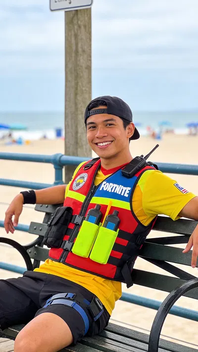 Southeast Asian man in beach rescue cosplay, relaxed boardwalk portrait