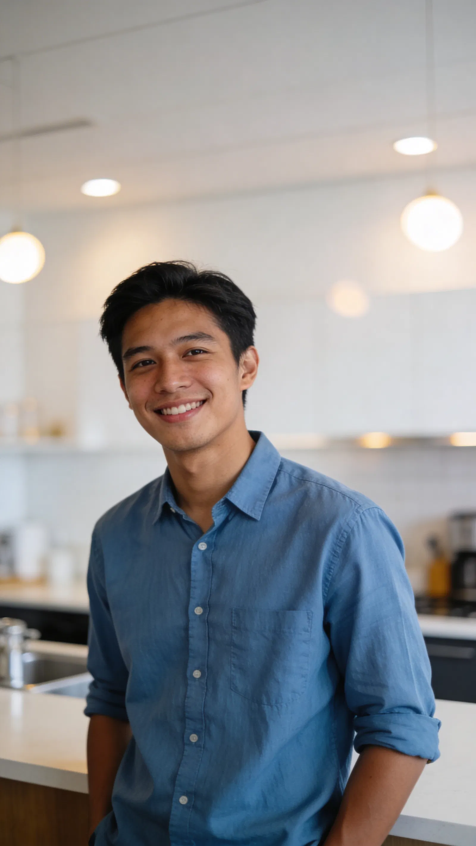 Southeast Asian man in blue shirt in office break area corporate portrait