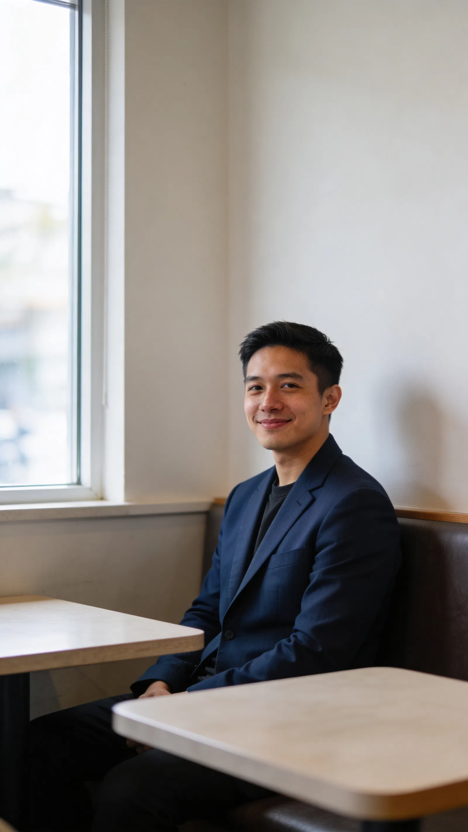Southeast Asian man in cafe corner with clean professional resume photo look