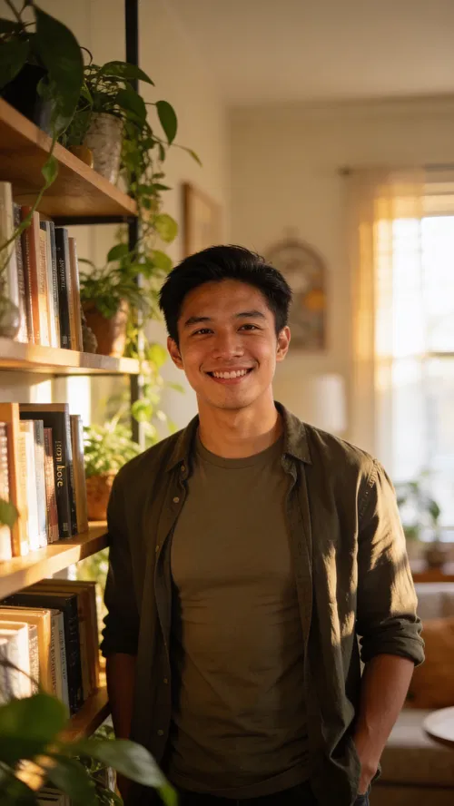 Southeast Asian man in cozy living room, warm smile, dating profile photo.