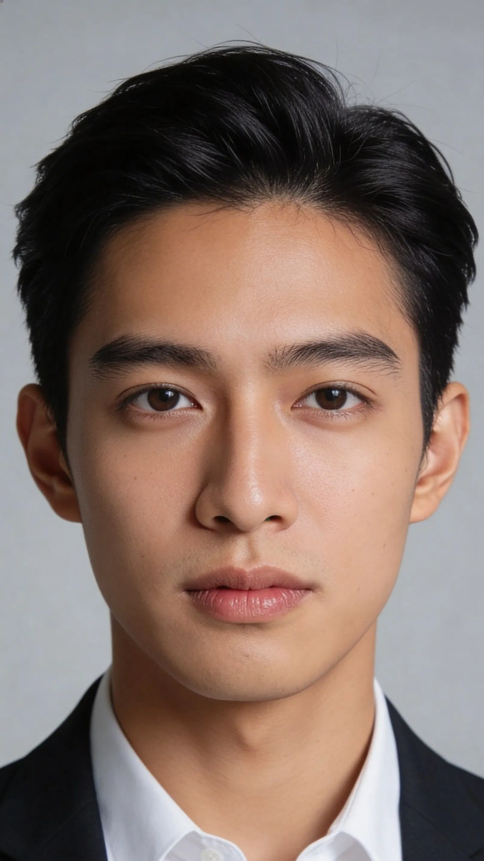 Southeast Asian man in dark blazer on gray studio background headshot
