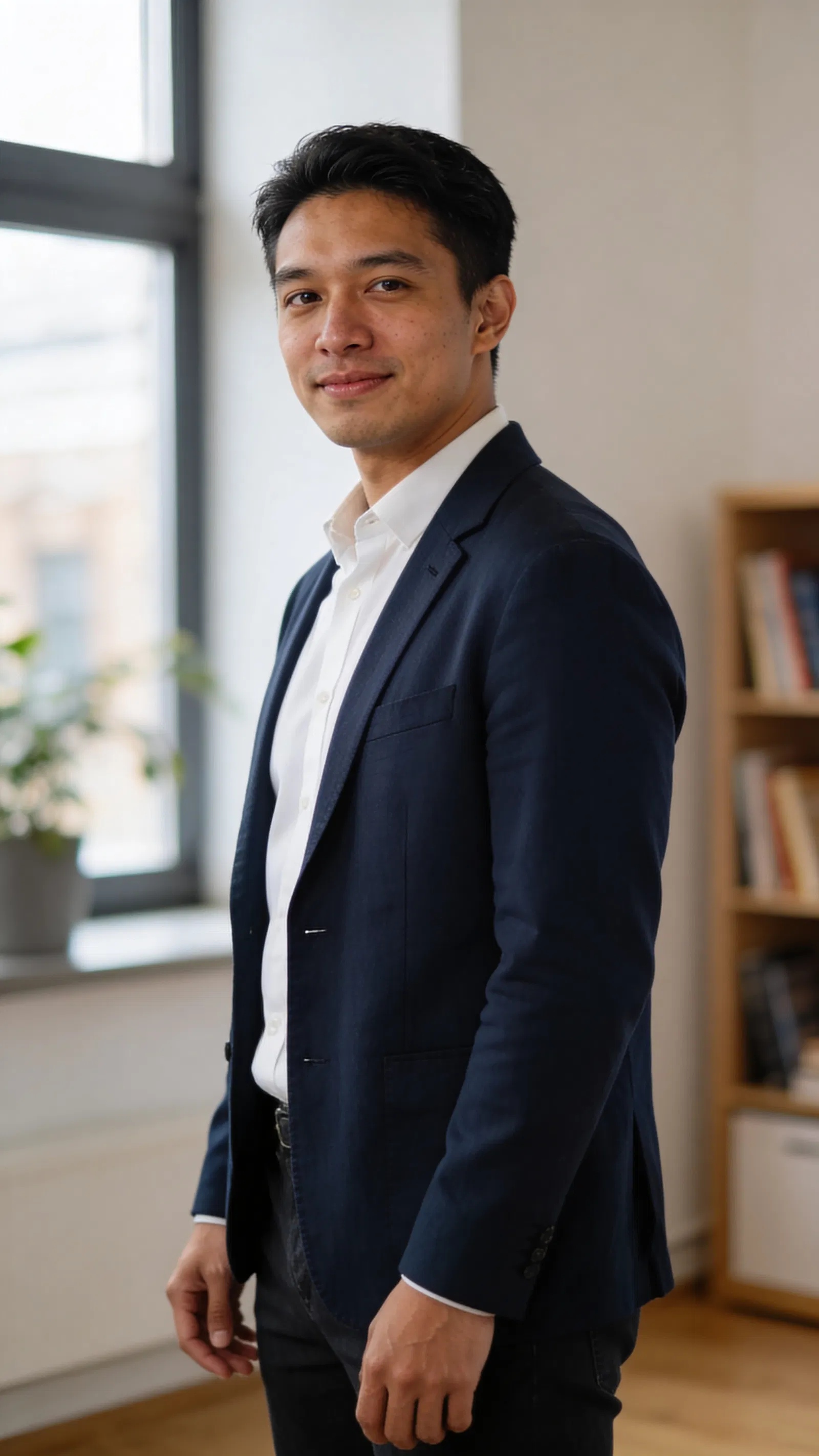 Southeast Asian man in minimalist office for clean LinkedIn headshot