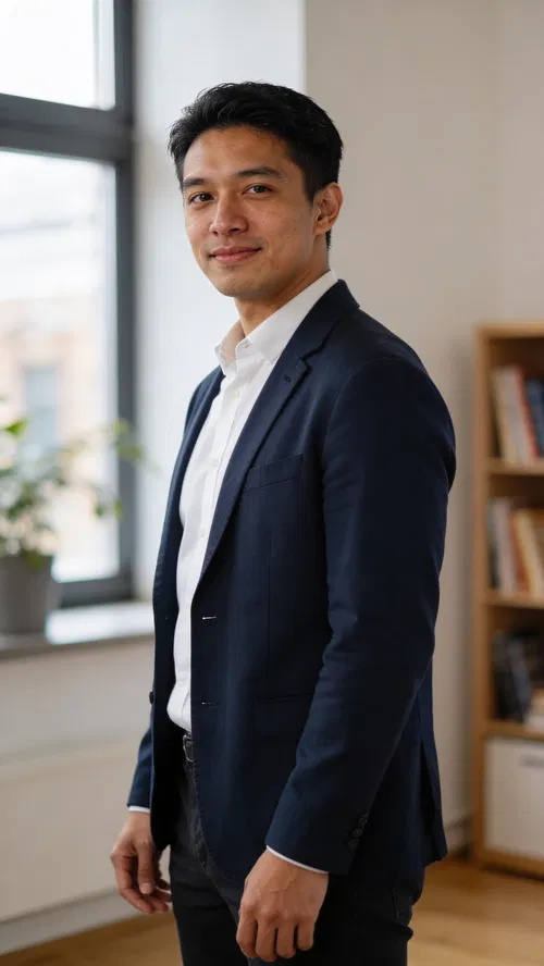 Southeast Asian man in minimalist office for clean LinkedIn headshot