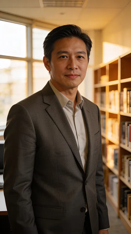 Southeast Asian man in office with shelves, calm half-body professional portrait