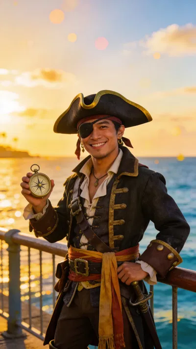 Southeast Asian man in pirate captain cosplay, waterfront three-quarter portrait