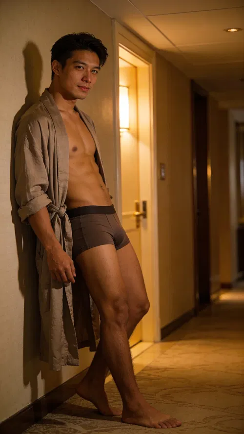 Southeast Asian man in robe leaning in upscale hallway for playful dudeoir photo