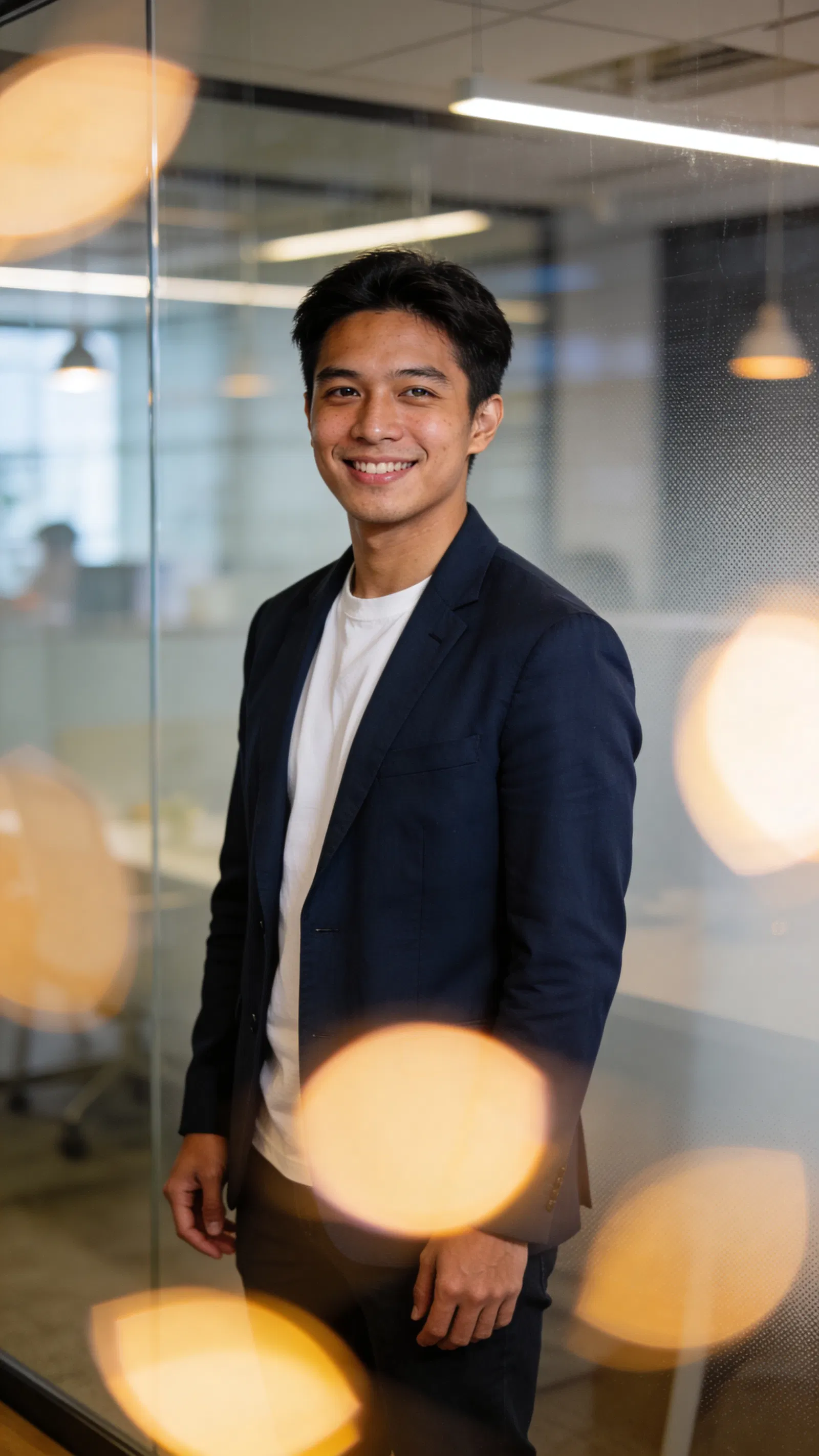 Southeast Asian man in startup office for modern, friendly LinkedIn headshot