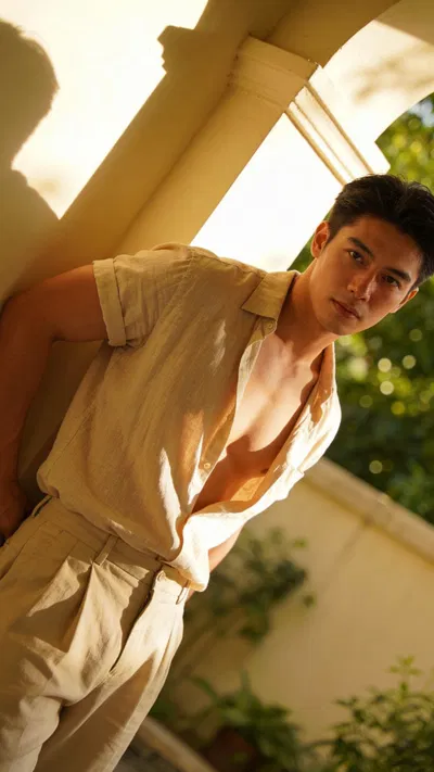 Southeast Asian man leaning on courtyard wall in classy boudoir photo for men, soft shade light