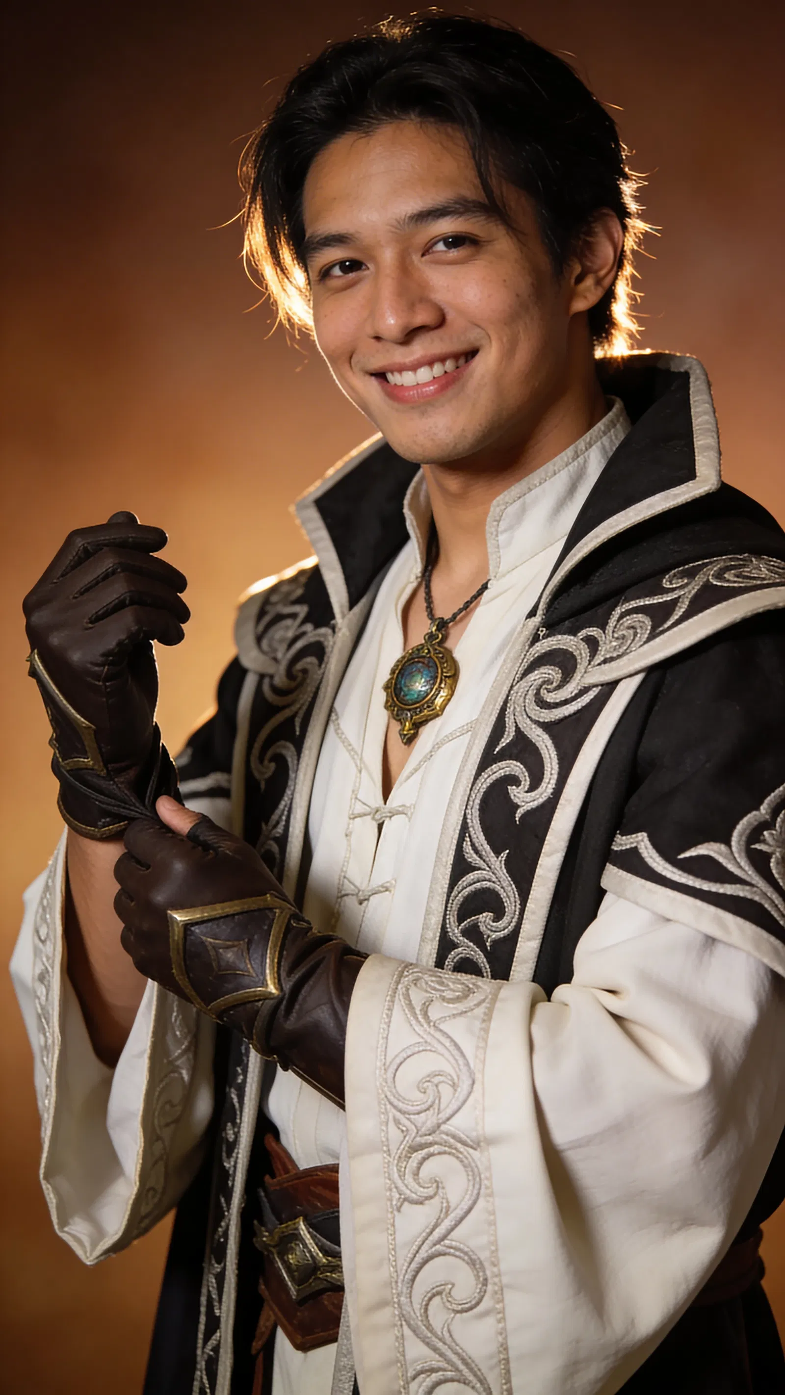 Southeast Asian man mage cosplay half-body in warm studio lighting.