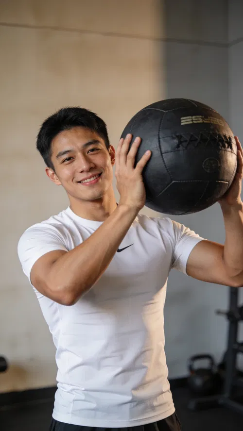 Southeast Asian man medicine ball portrait for AI fitness photoshoot generator