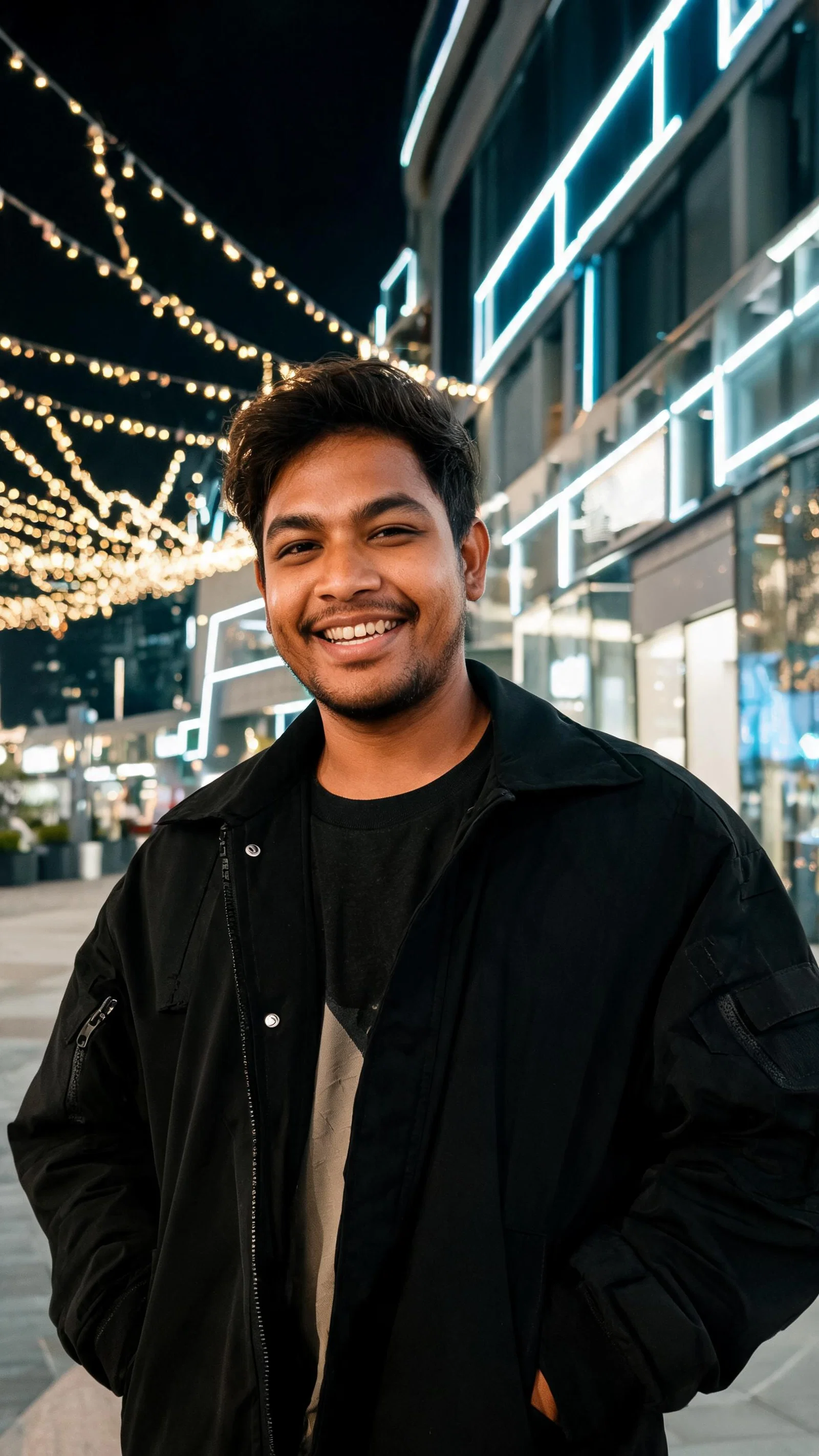 Southeast Asian man night street-style portrait in City Walk Dubai under LED lights