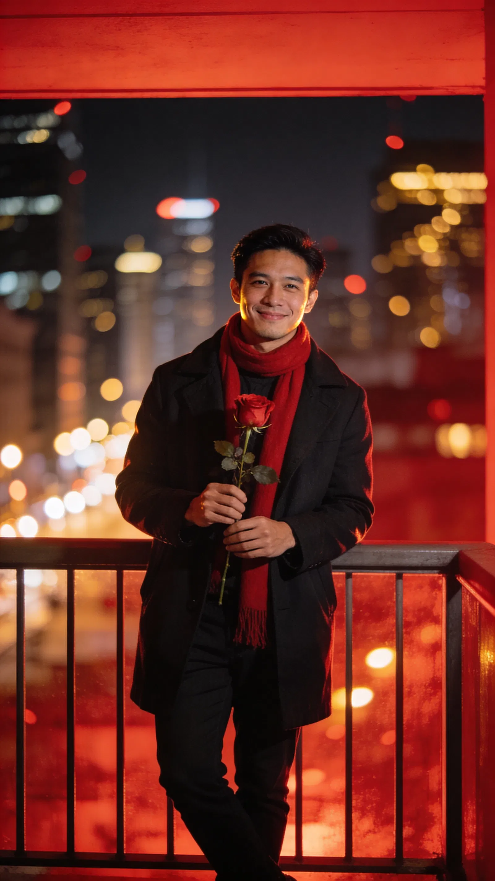 Southeast Asian man on balcony at night holding a rose with city bokeh.