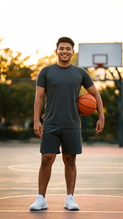 Southeast Asian man on basketball court holding ball, active lifestyle looksmaxxing photo