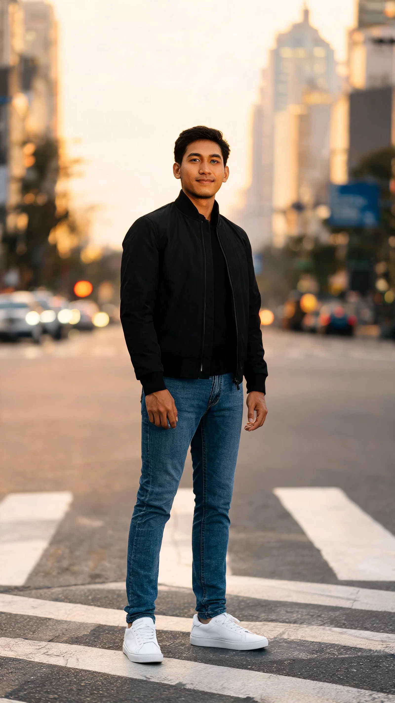 Southeast Asian man on crosswalk in clean streetwear, style upgrade looksmaxxing photo