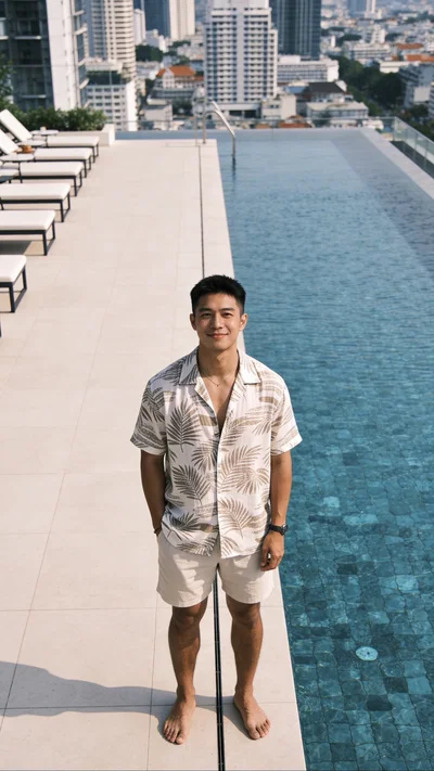 Southeast Asian man on rooftop pool deck, clean travel lifestyle full-body portrait.
