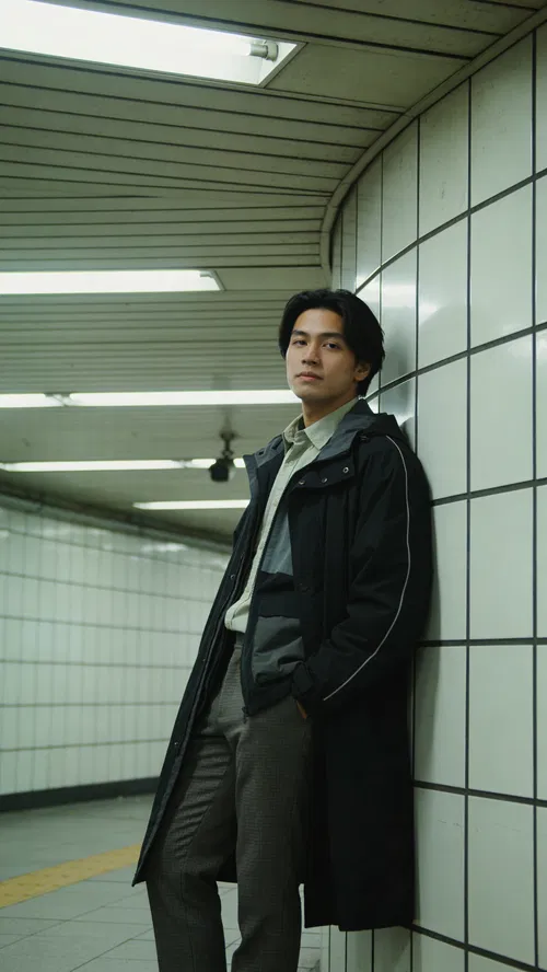 Southeast Asian man on subway platform in three-quarter editorial portrait