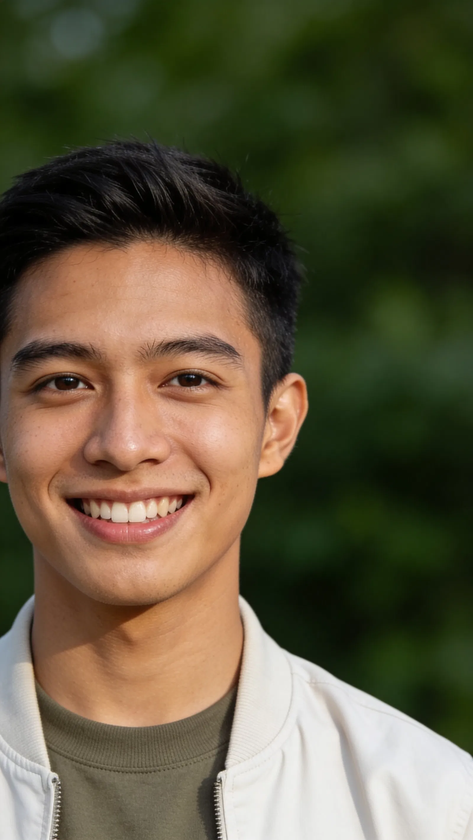 Southeast Asian man outdoors headshot with greenery bokeh, friendly dating photo.