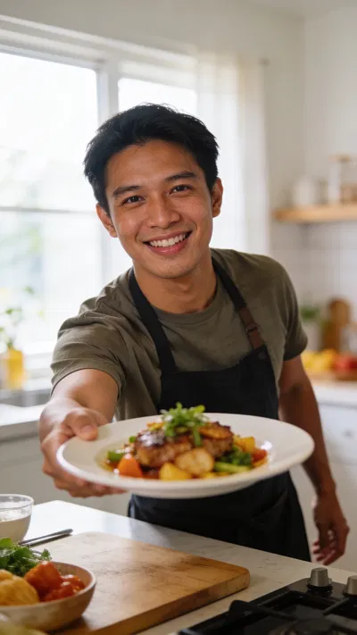 Southeast Asian man presenting a dish for an Instagram Reel cover