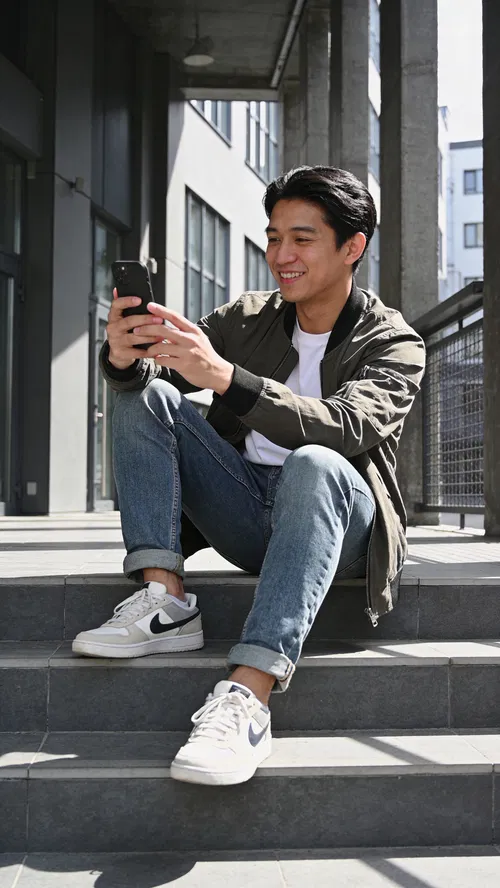 Southeast Asian man seated with phone, upbeat creator portrait for TikTok profile