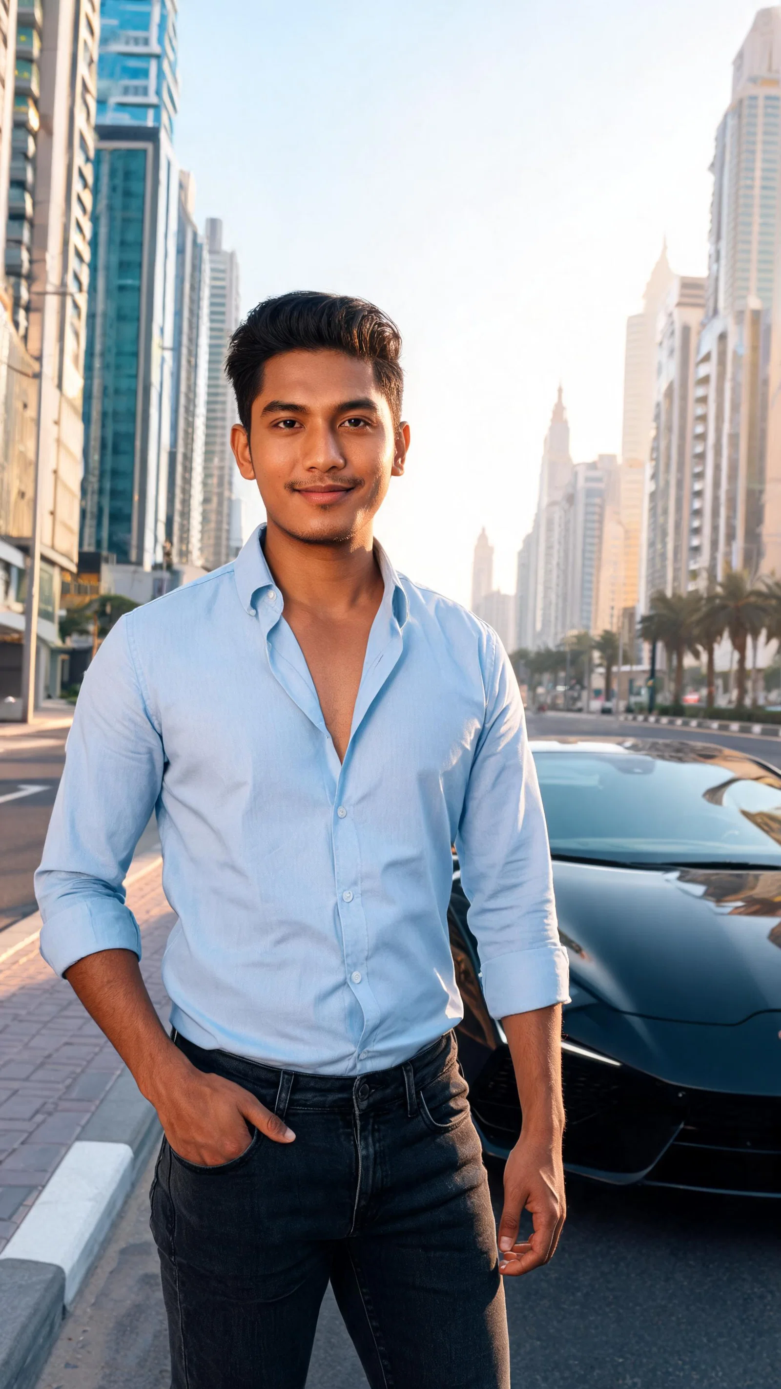 Southeast Asian man street-style portrait beside luxury car on Dubai boulevard