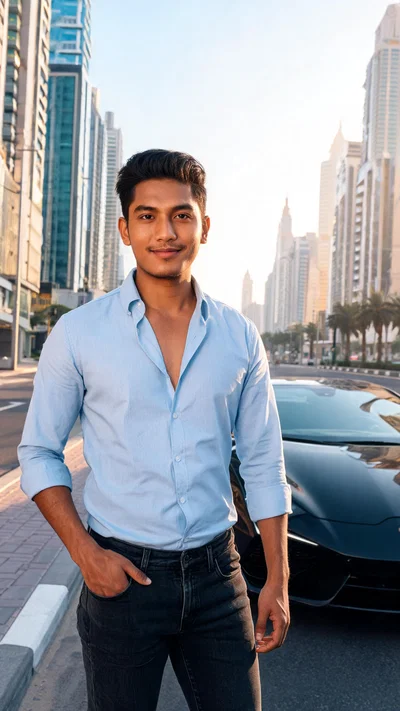 Southeast Asian man street-style portrait beside luxury car on Dubai boulevard