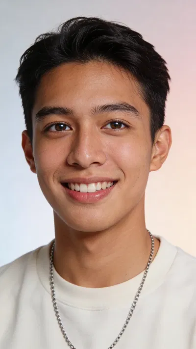 Southeast Asian man studio headshot, friendly TikTok profile-ready portrait
