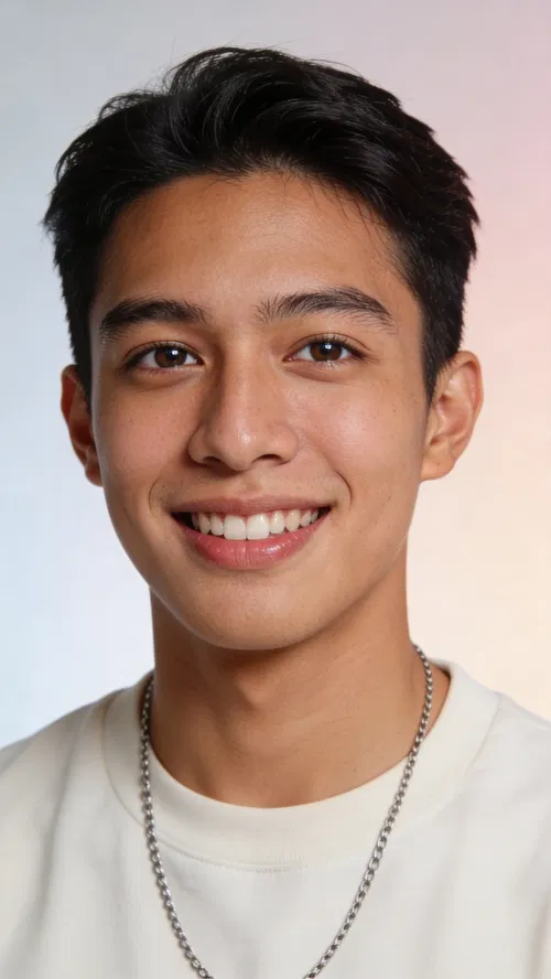 Southeast Asian man studio headshot, friendly TikTok profile-ready portrait