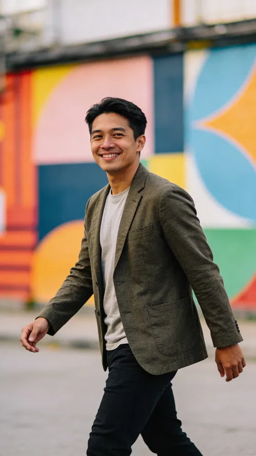 Southeast Asian man walking in city, casual blazer profile portrait
