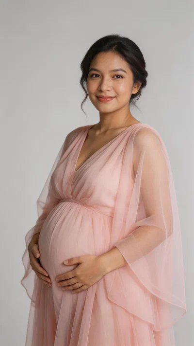 Southeast Asian pregnant woman in studio wearing a pink tulle gown