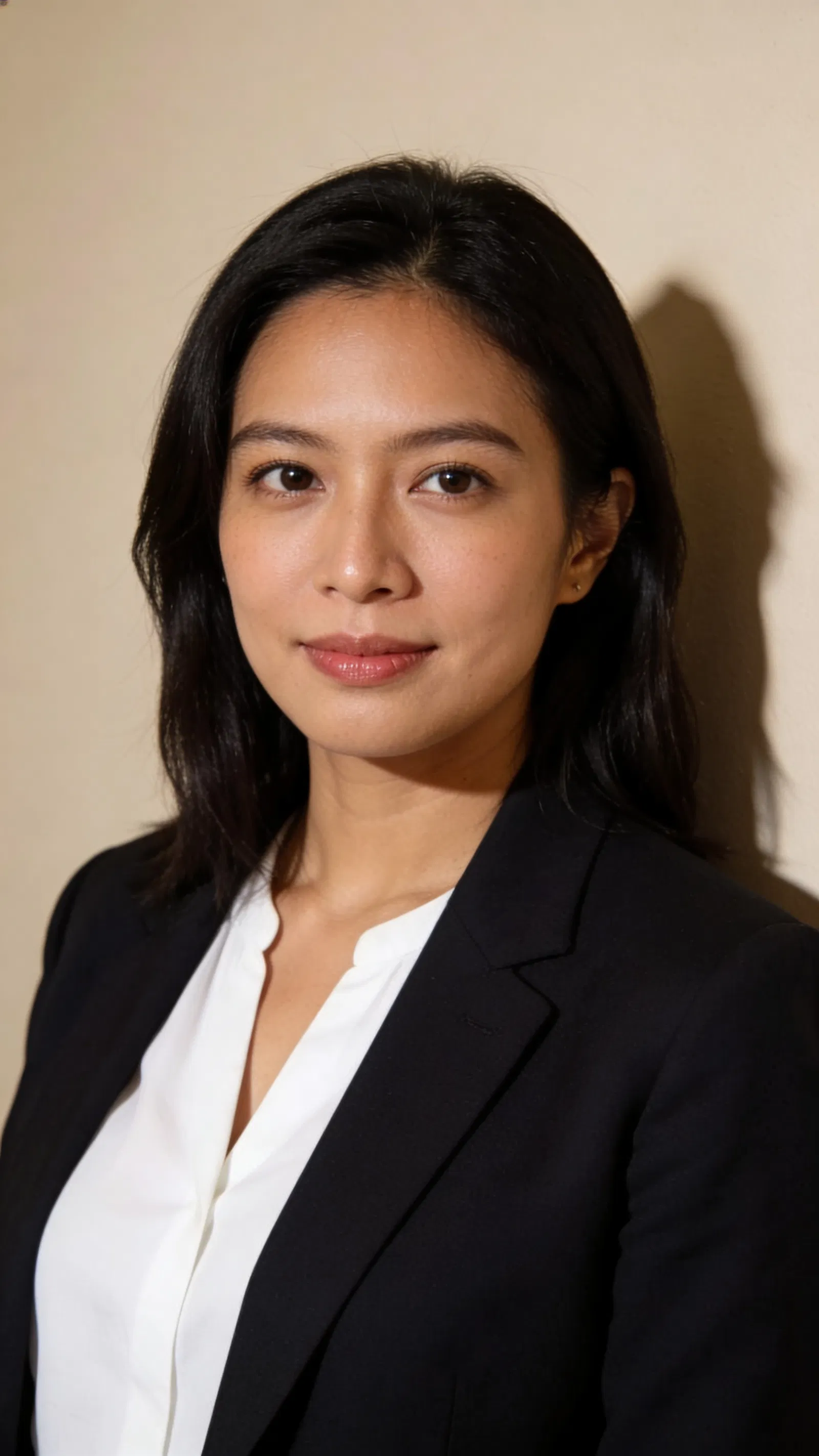 Southeast Asian woman against beige wall in clean CV headshot