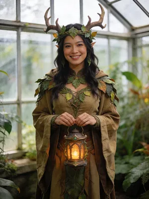 Southeast Asian woman druid cosplay in conservatory, natural-light portrait.