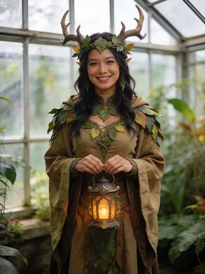 Southeast Asian woman druid cosplay in conservatory, natural-light portrait.