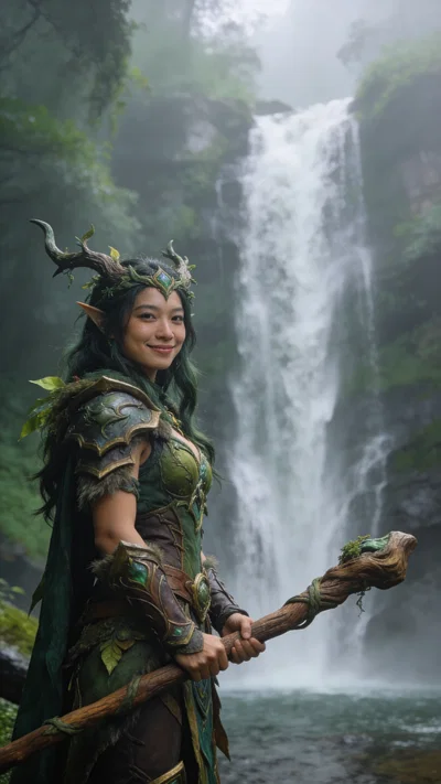 Southeast Asian woman druid cosplay near waterfall, 3/4 portrait.
