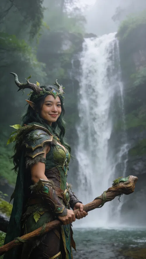 Southeast Asian woman druid cosplay near waterfall, 3/4 portrait.