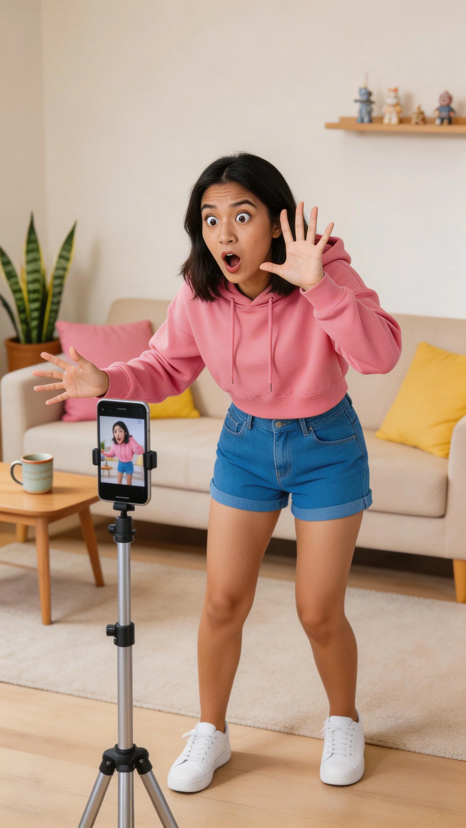 Southeast Asian woman filming comedy skit with exaggerated expression facing tripod
